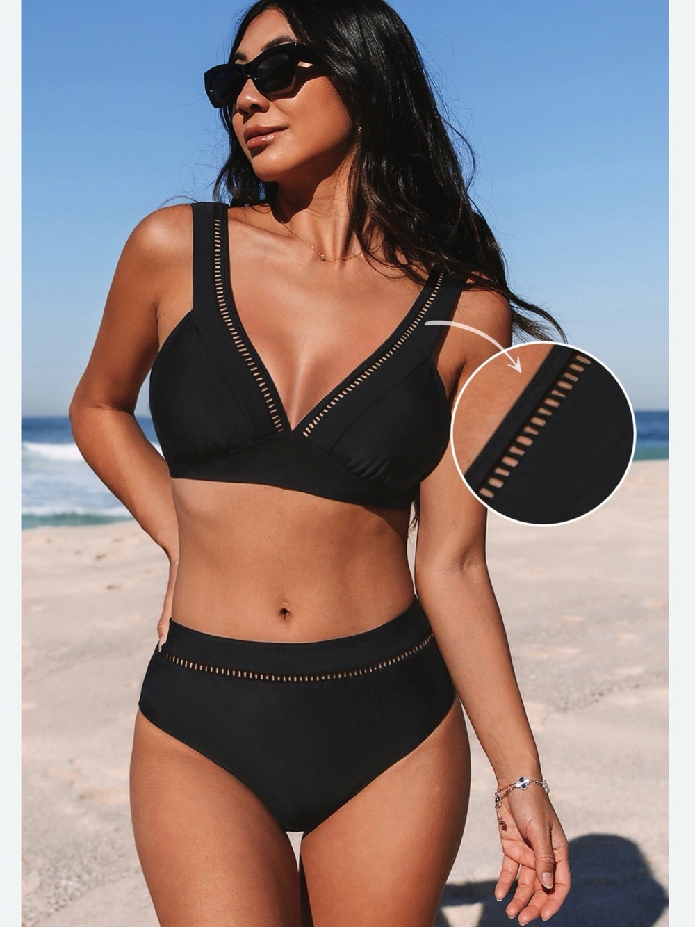 CUPSHE Black Women's High-Waist Bikini Set with Ladder Trim